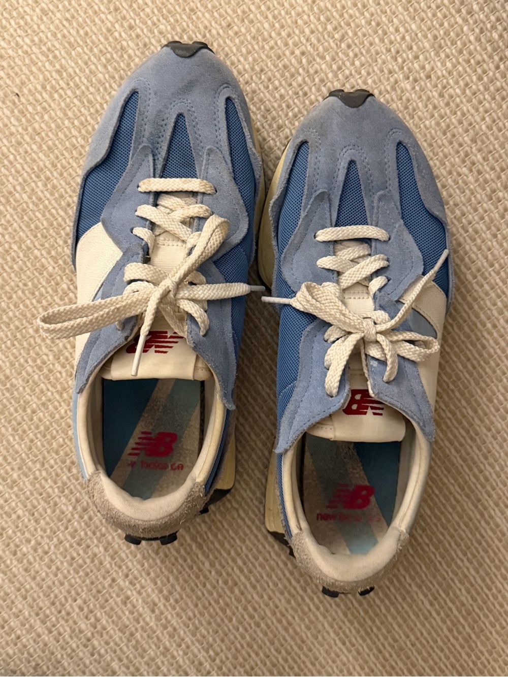 New Balance Light Blue and White Suede Mesh Sneakers